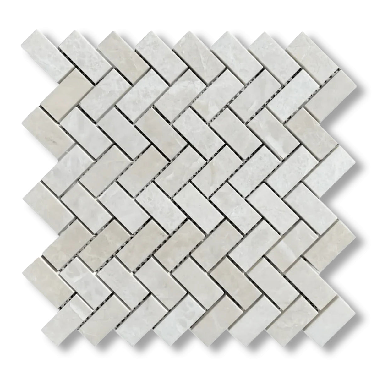 1x2 White Pearl / Botticino Marble Polished Herringbone Mosaic Tile - American Tile Depot