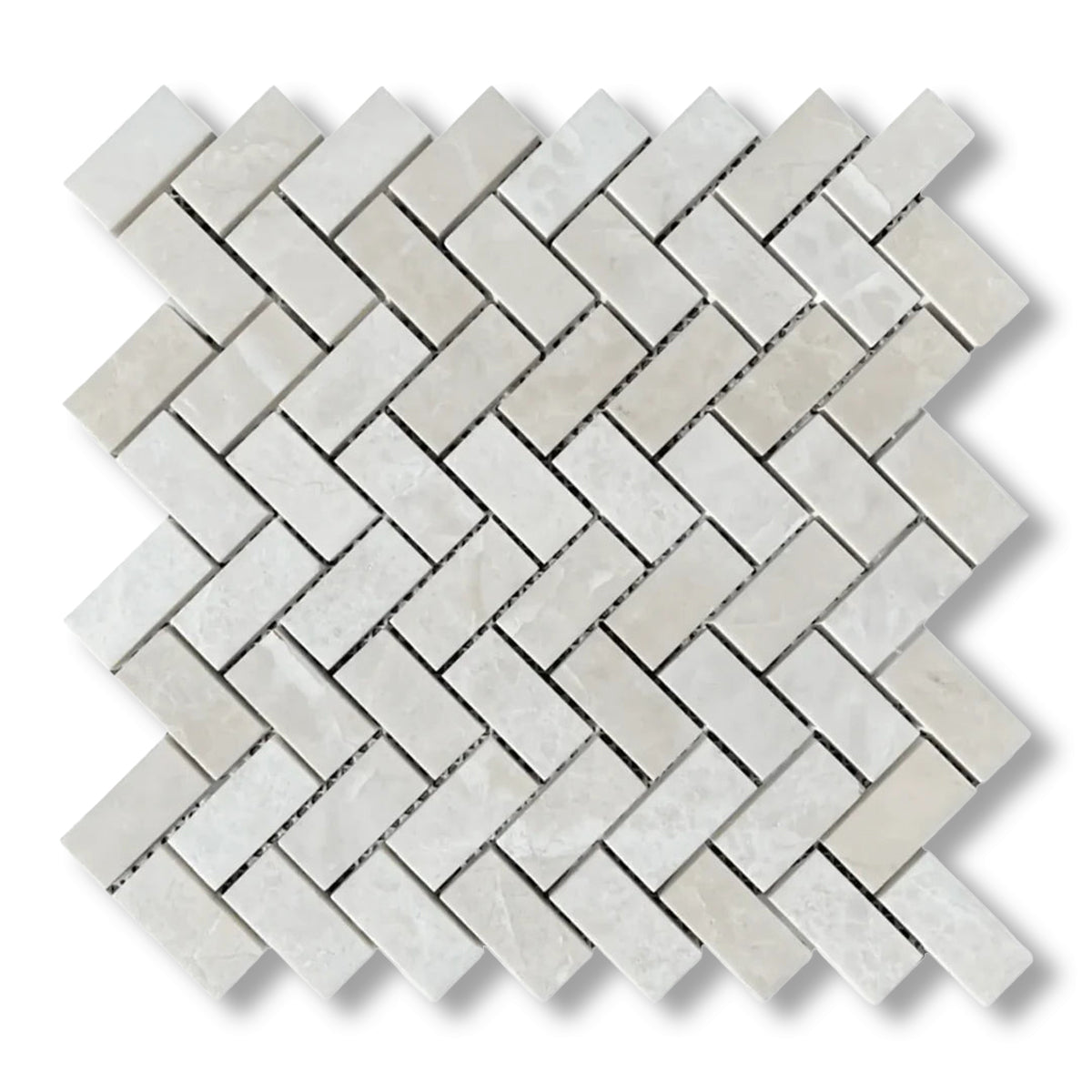 1x2 White Pearl / Botticino Marble Polished Herringbone Mosaic Tile - American Tile Depot