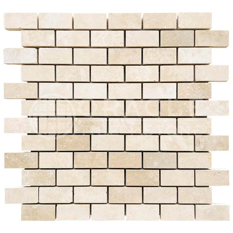 1x2 Ivory Travertine Filled & Honed Brick Mosaic Tile