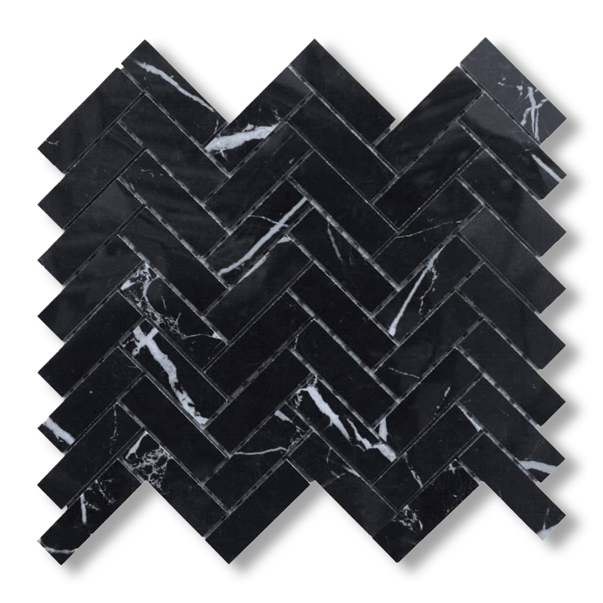 1x3 Black Marquina Marble Honed Herringbone Mosaic Tile - American Tile Depot