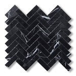 1x3 Black Marquina Marble Honed Herringbone Mosaic Tile - American Tile Depot
