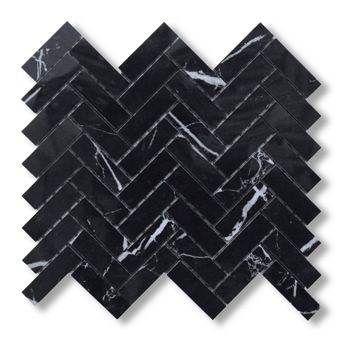 1x3 Black Marquina Marble Honed Herringbone Mosaic Tile
