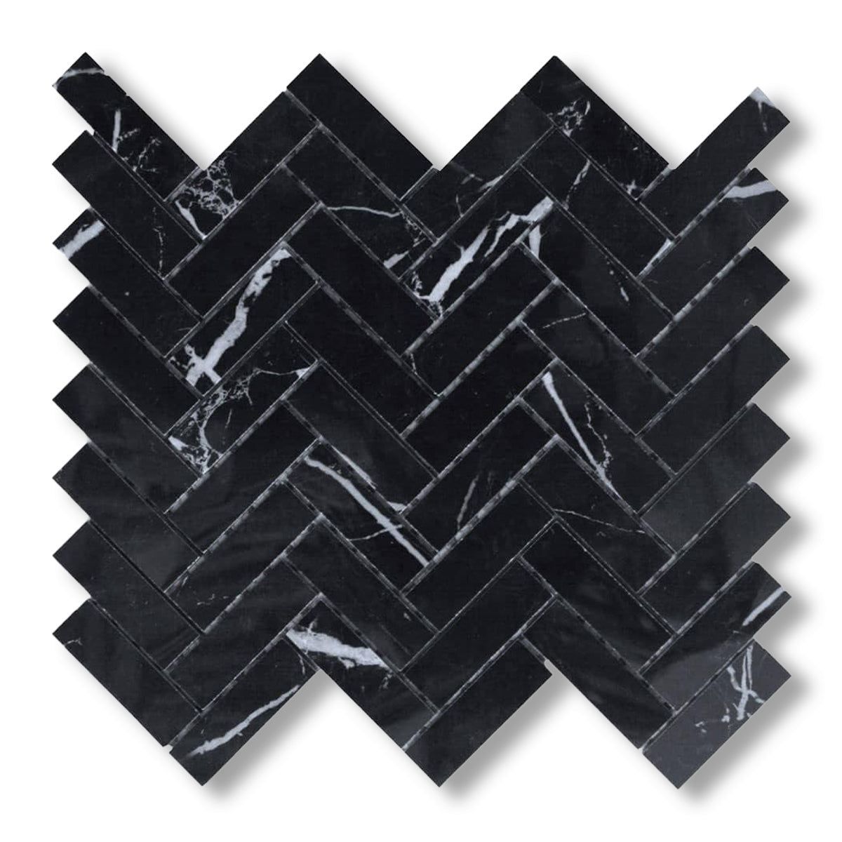 1x3 Black Marquina Marble Honed Herringbone Mosaic Tile - American Tile Depot