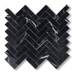 1x3 Black Marquina Marble Honed Herringbone Mosaic Tile - American Tile Depot