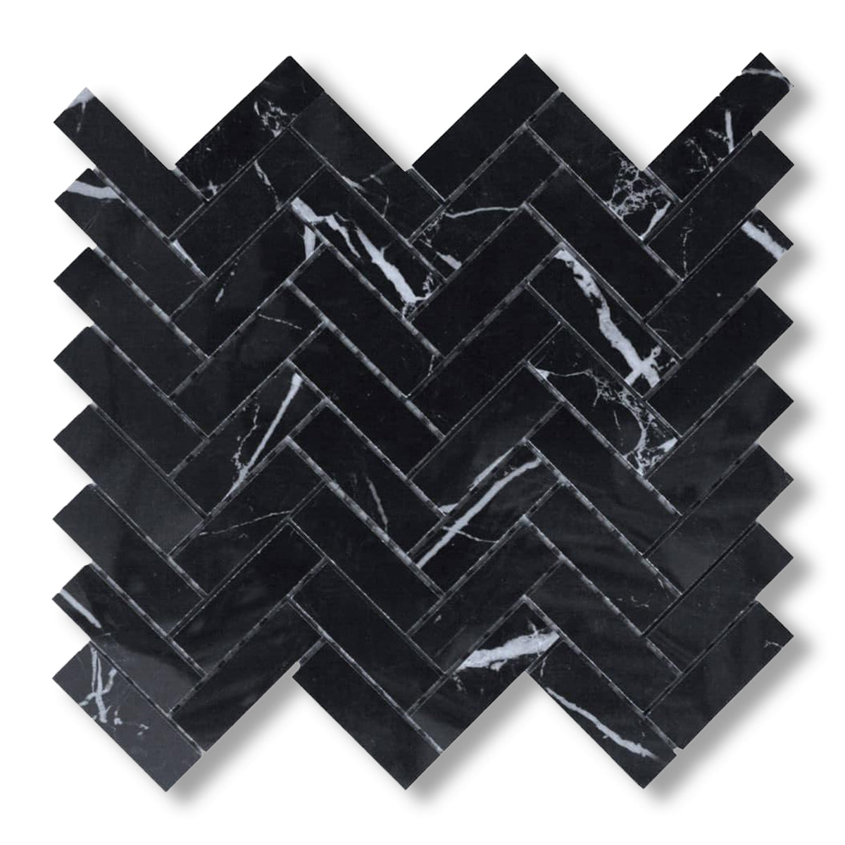 1x3 Black Marquina Marble Honed Herringbone Mosaic Tile - American Tile Depot