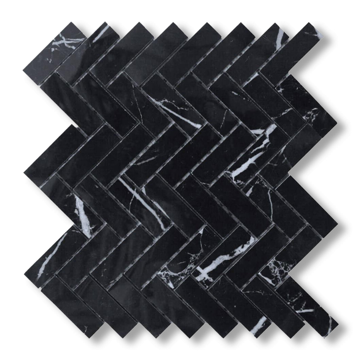 1x3 Black Marquina Marble Honed Herringbone Mosaic Tile - American Tile Depot