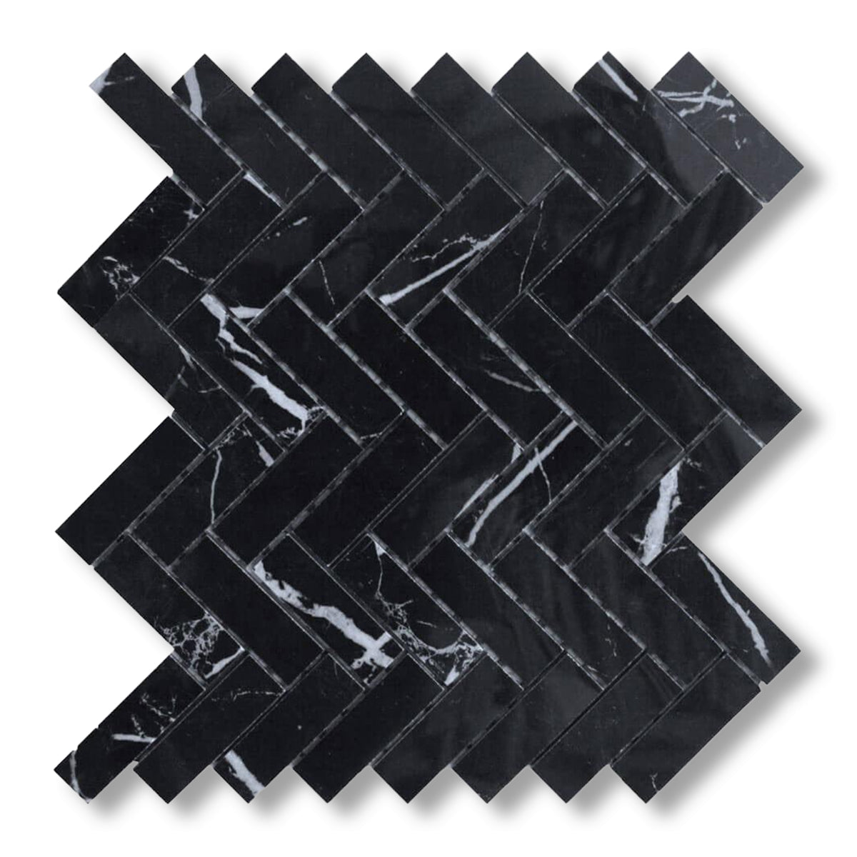 1x3 Black Marquina Marble Honed Herringbone Mosaic Tile - American Tile Depot