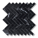1x3 Black Marquina Marble Honed Herringbone Mosaic Tile - American Tile Depot