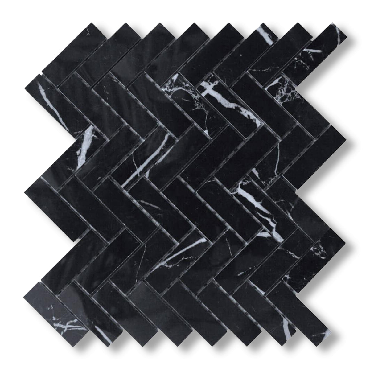 1x3 Black Marquina Marble Honed Herringbone Mosaic Tile - American Tile Depot