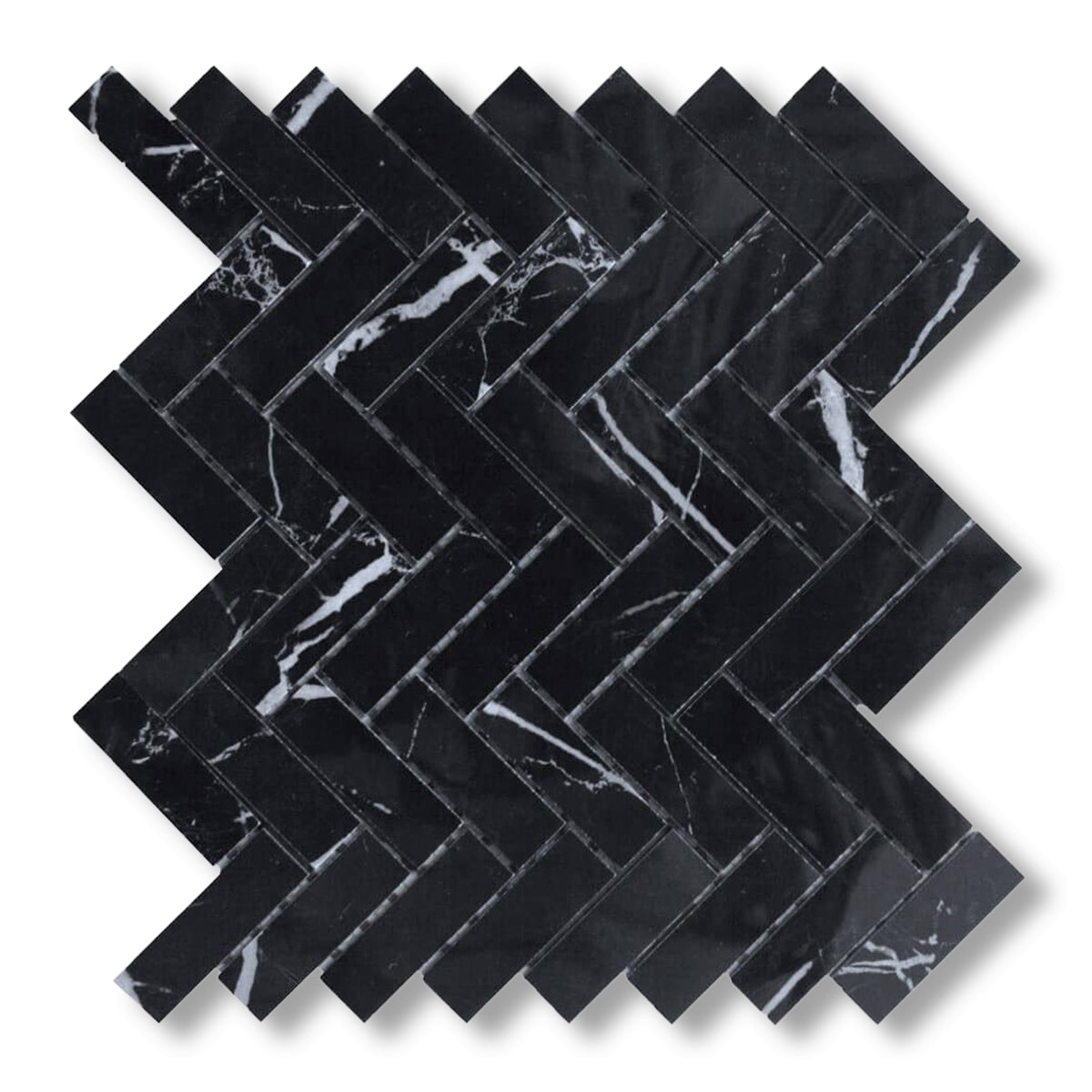 1x3 Black Marquina Marble Honed Herringbone Mosaic Tile - American Tile Depot