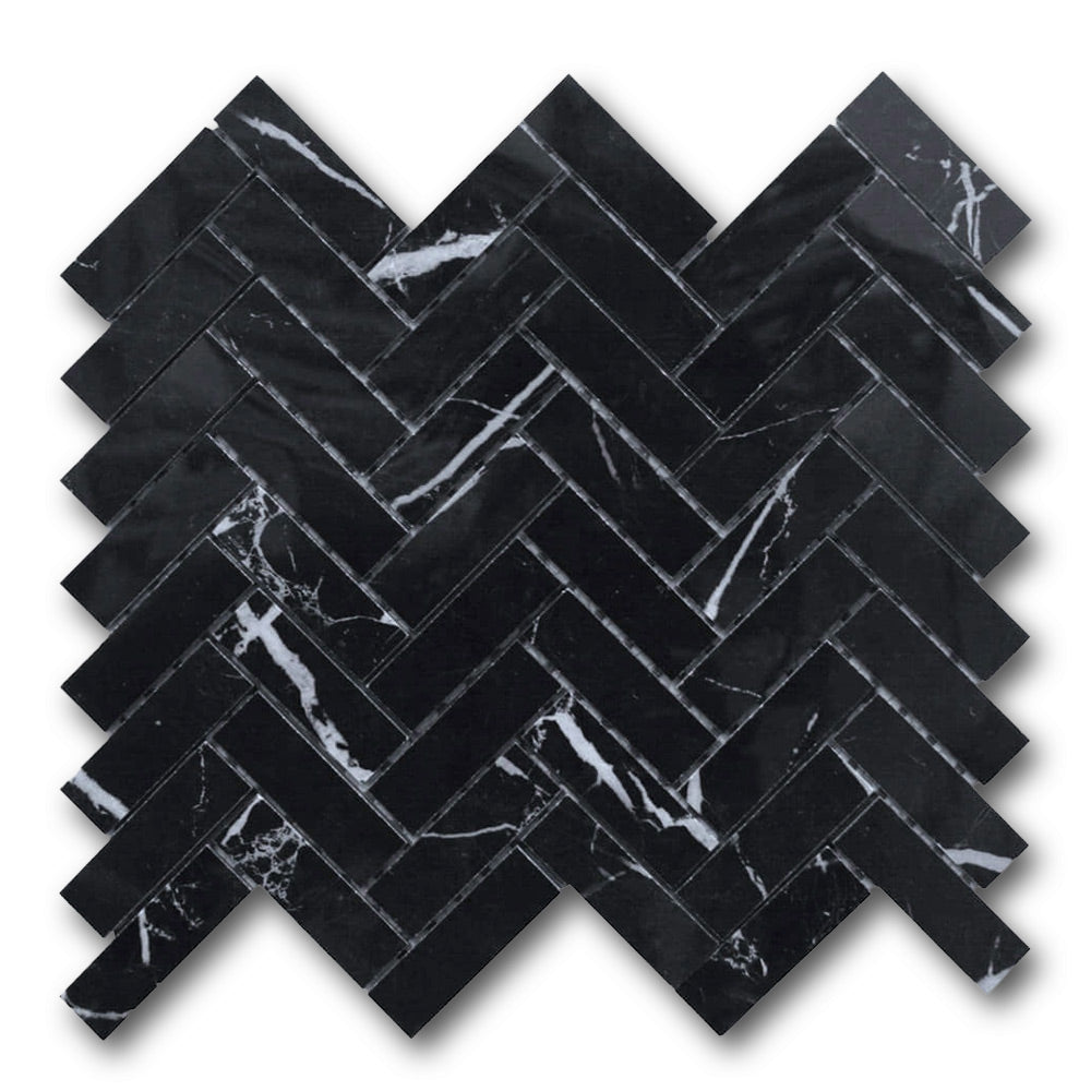1x3 Black Marquina Marble Polished Herringbone Mosaic Tile