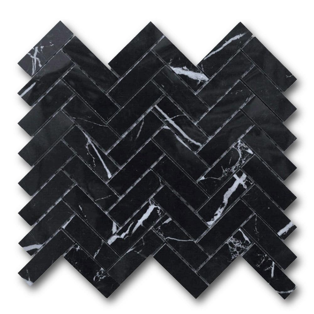 1x3 Black Marquina Marble Polished Herringbone Mosaic Tile 1x3 Black Marquina Marble Polished Herringbone Mosaic Tile - American Tile Depot