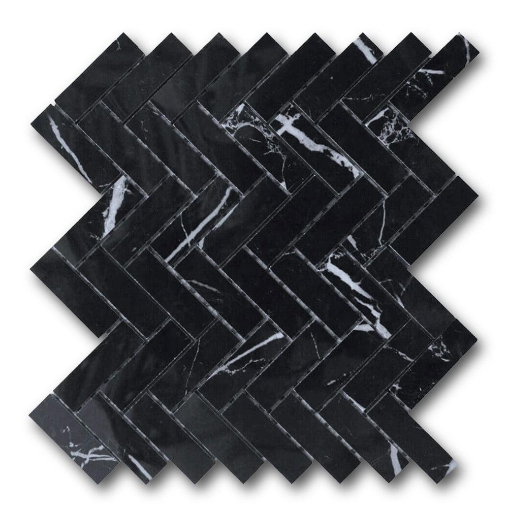 1x3 Black Marquina Marble Polished Herringbone Mosaic Tile 1x3 Black Marquina Marble Polished Herringbone Mosaic Tile - American Tile Depot