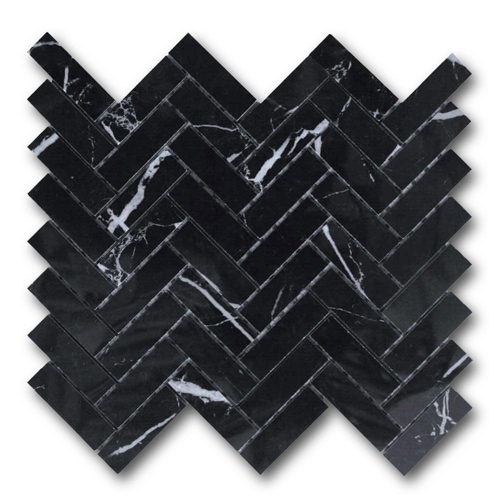 1x3 Black Marquina Marble Polished Herringbone Mosaic Tile 1x3 Black Marquina Marble Polished Herringbone Mosaic Tile - American Tile Depot