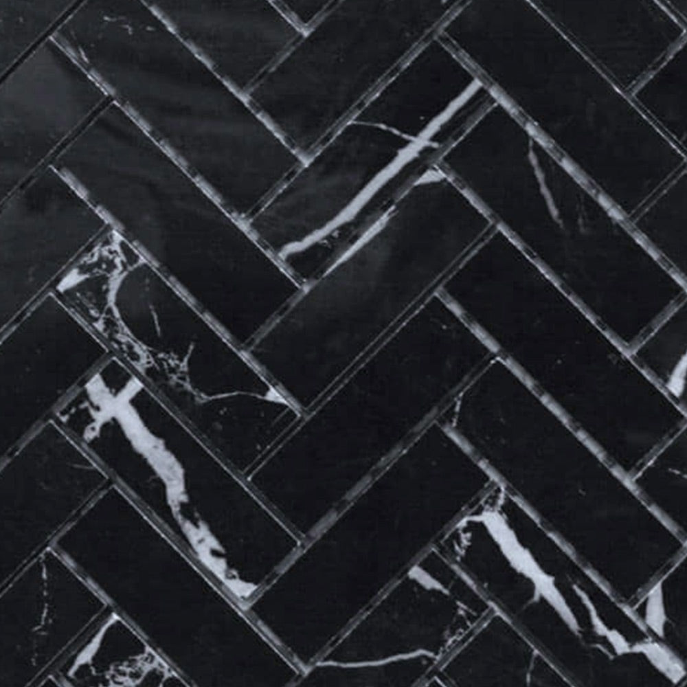 1x3 Black Marquina Marble Polished Herringbone Mosaic Tile