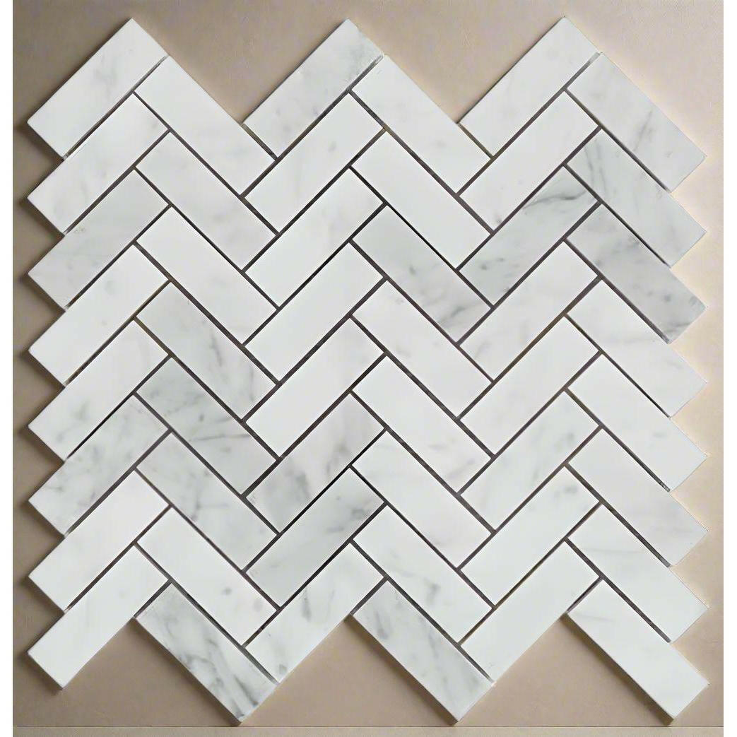 1x3 Carrara White Marble Polished Herringbone Mosaic Tile 1x3 Carrara White Marble Polished Herringbone Mosaic Tile - American Tile Depot