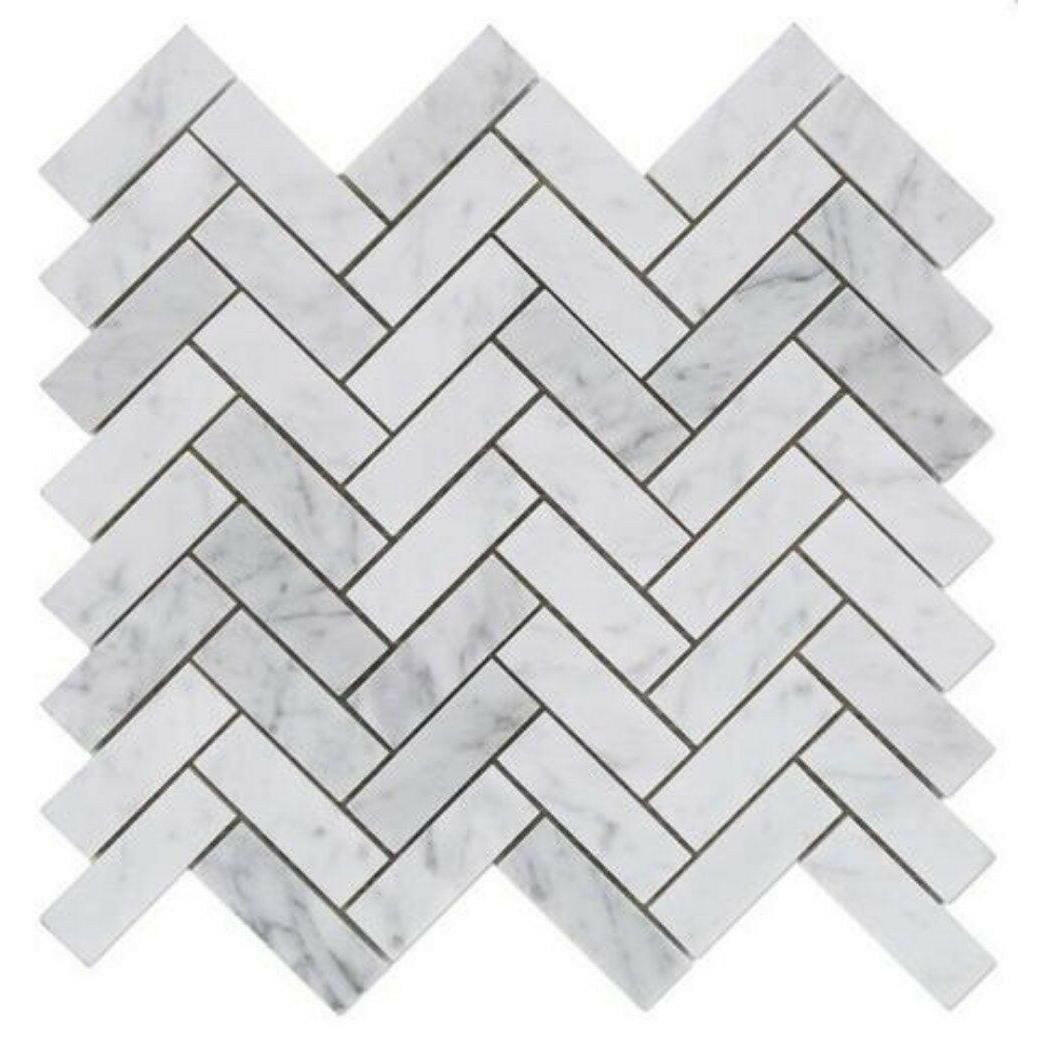 1x3 Carrara White Marble Polished Herringbone Mosaic Tile 1x3 Carrara White Marble Polished Herringbone Mosaic Tile - American Tile Depot