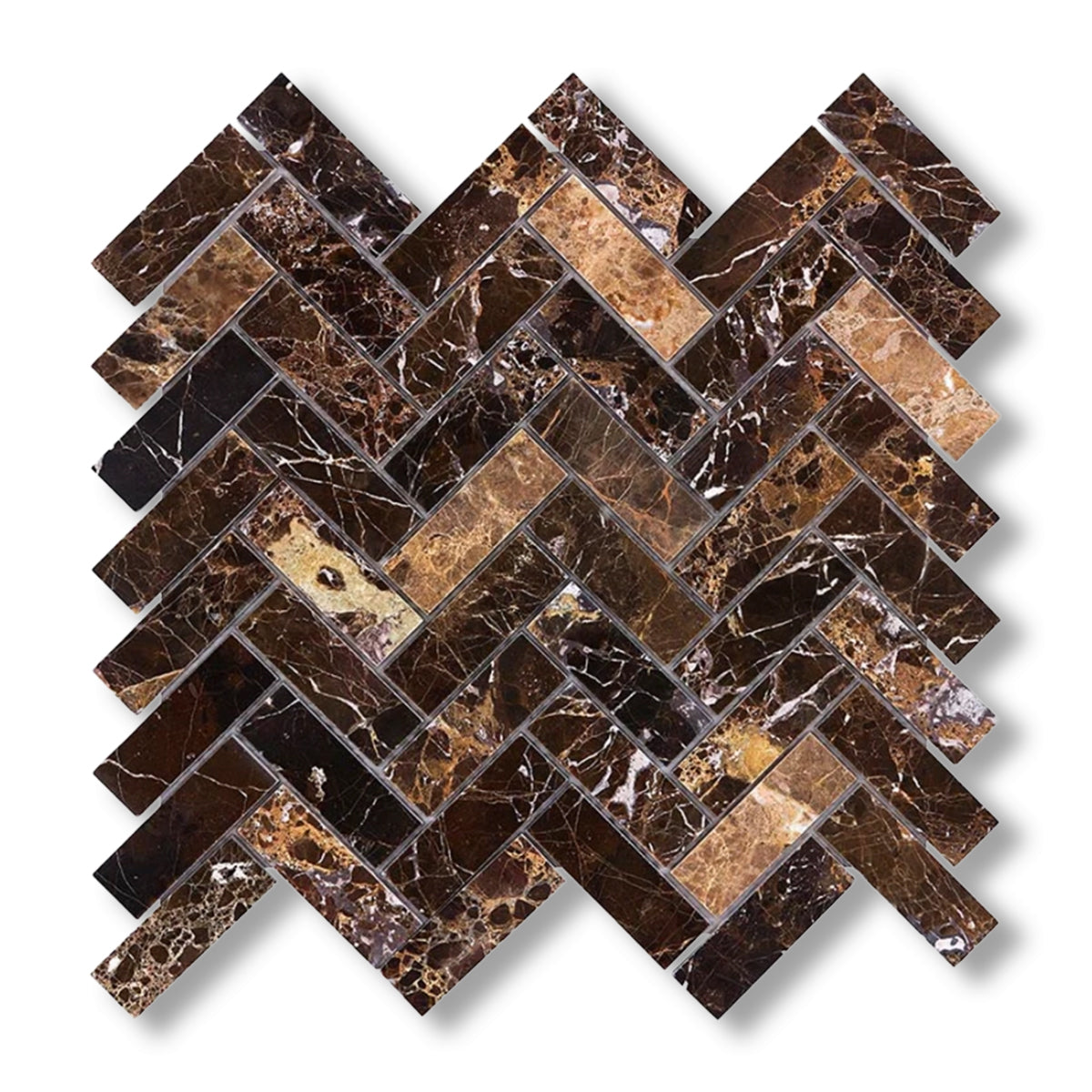 1x3 Emperador Dark Marble Polished Herringbone Mosaic Tile - American Tile Depot