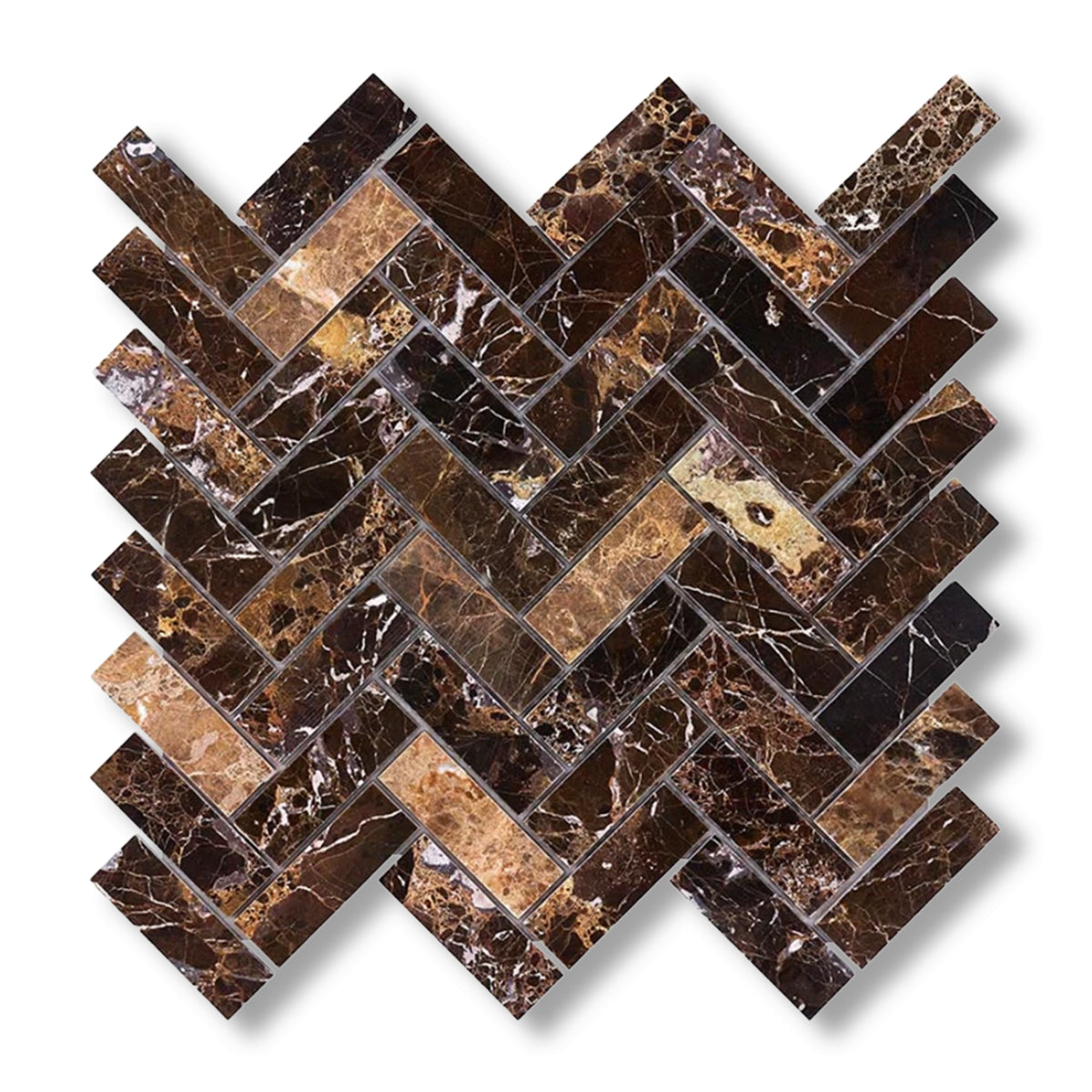 1x3 Emperador Dark Marble Polished Herringbone Mosaic Tile - American Tile Depot