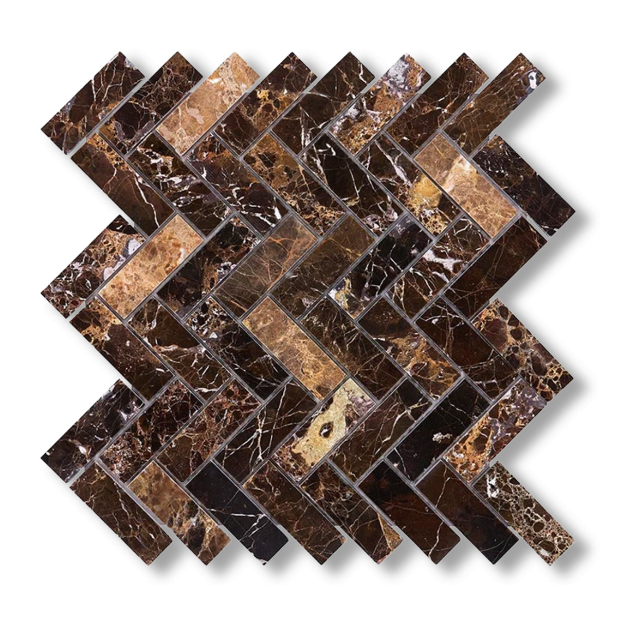 1x3 Emperador Dark Marble Polished Herringbone Mosaic Tile - American Tile Depot