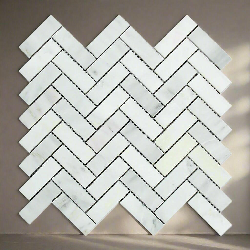1x3 Oriental White / Asian Statuary Marble Honed Herringbone Mosaic Tile 1x3 Oriental White / Asian Statuary Marble Honed Herringbone Mosaic Tile - American Tile Depot
