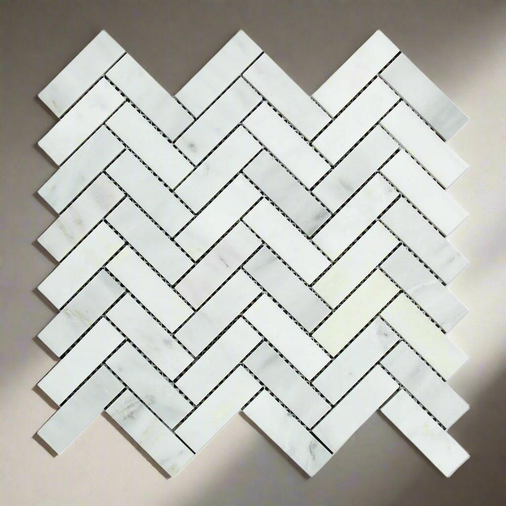 1x3 Oriental White / Asian Statuary Marble Polished Herringbone Mosaic Tile 1x3 Oriental White / Asian Statuary Marble Polished Herringbone Mosaic Tile - American Tile Depot