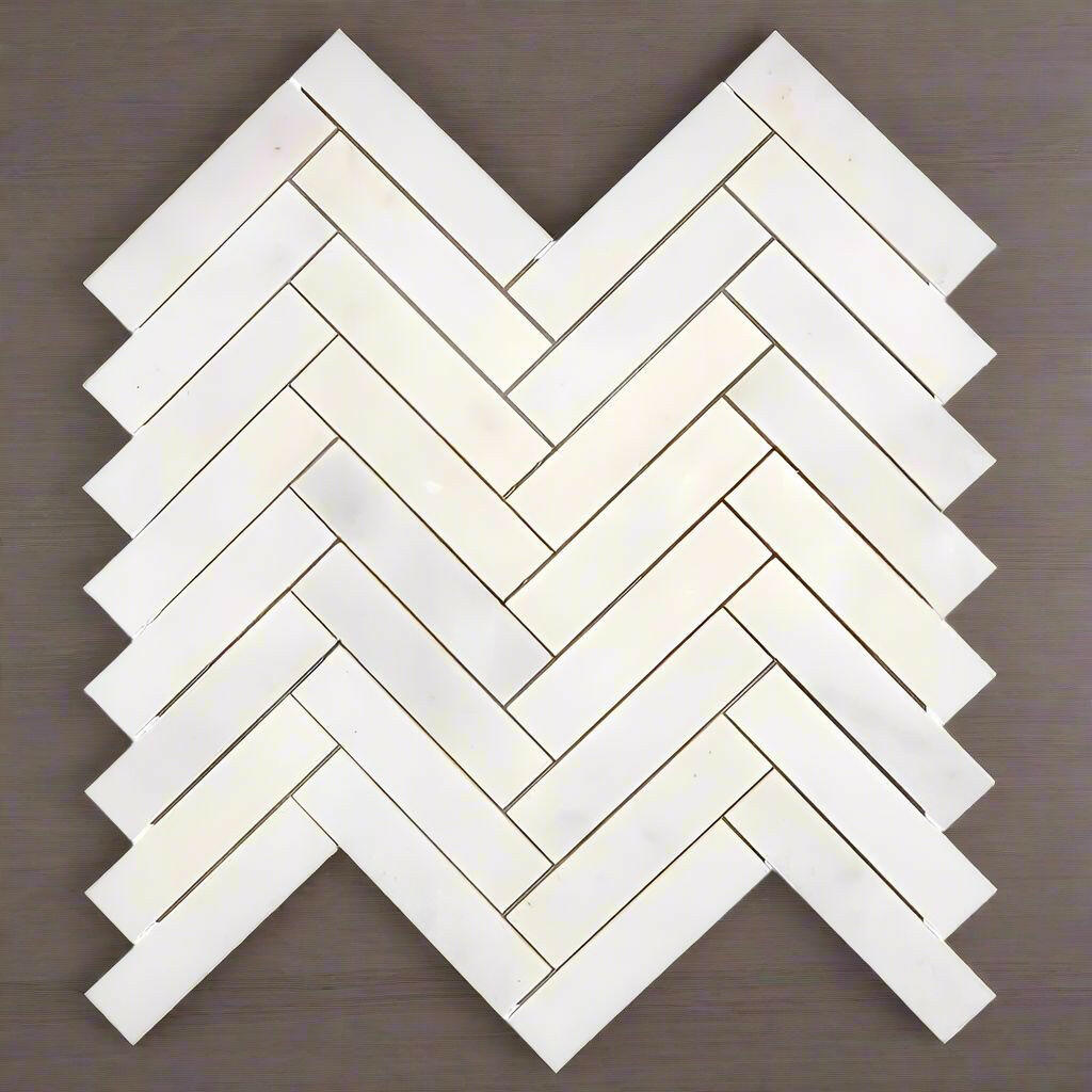 1x4 Afyon White Marble Polished Herringbone Mosaic Tile 1x4 Afyon White Marble Polished Herringbone Mosaic Tile - American Tile Depot