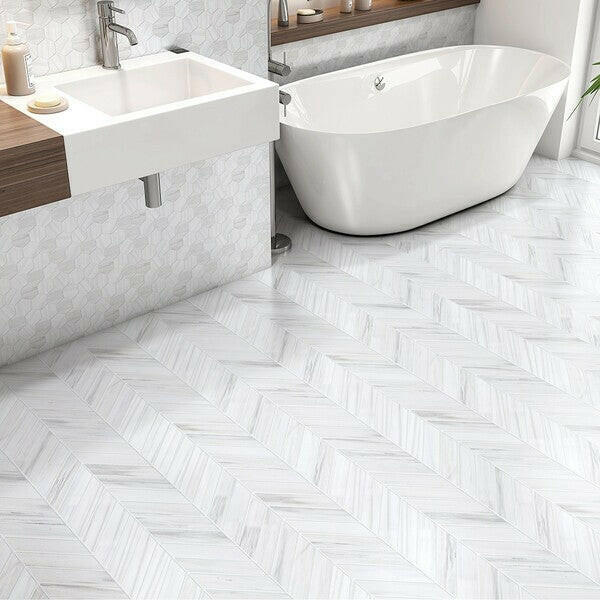 1x4 Bianco Dolomite Honed Herringbone Mosaic Tile 1x4 Bianco Dolomite Honed Herringbone Mosaic Tile - American Tile Depot