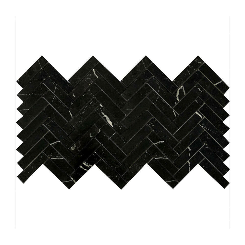 1x4 Black Marquina Marble Honed Herringbone Mosaic Tile 1x4 Black Marquina Marble Honed Herringbone Mosaic Tile - American Tile Depot