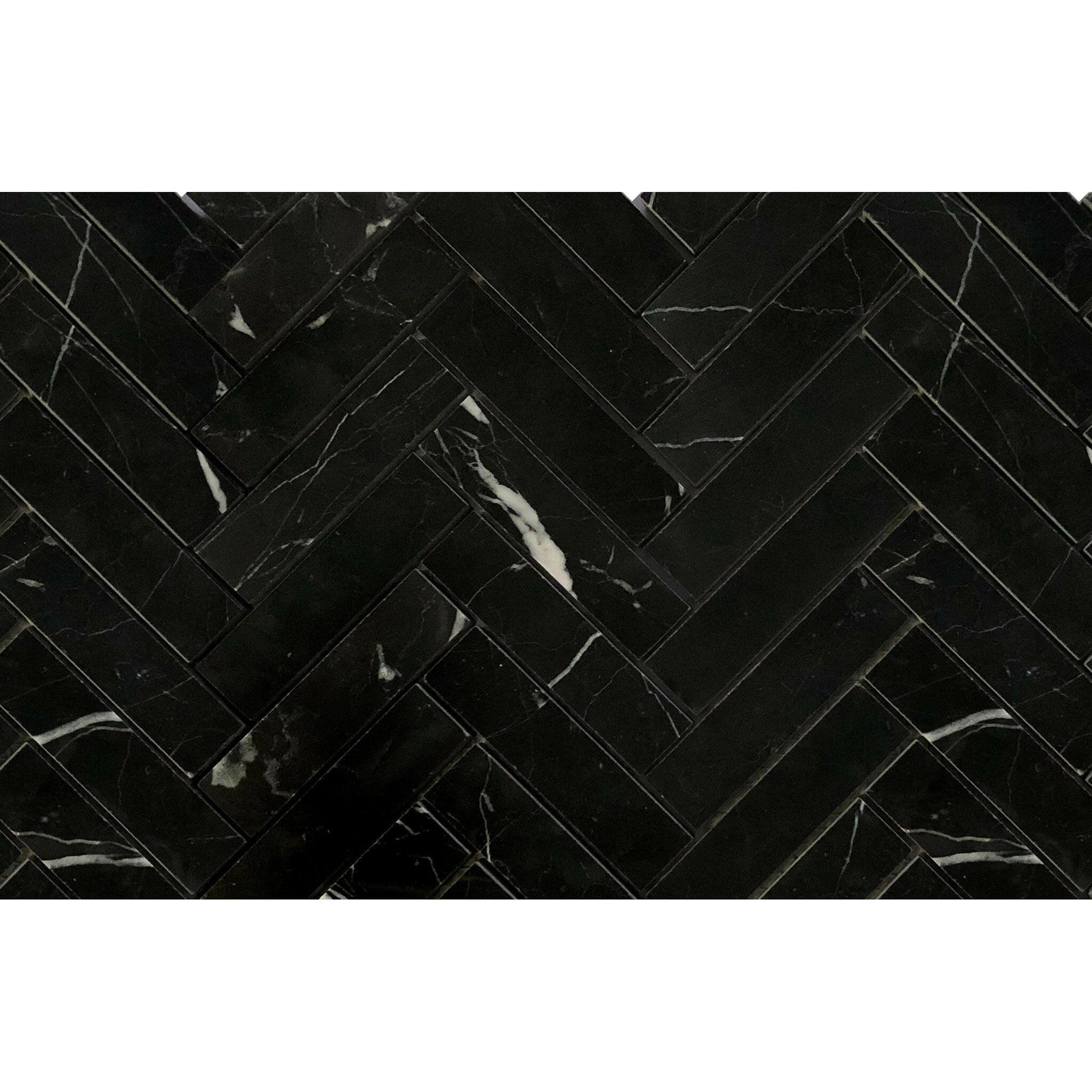 1x4 Black Marquina Marble Honed Herringbone Mosaic Tile 1x4 Black Marquina Marble Honed Herringbone Mosaic Tile - American Tile Depot