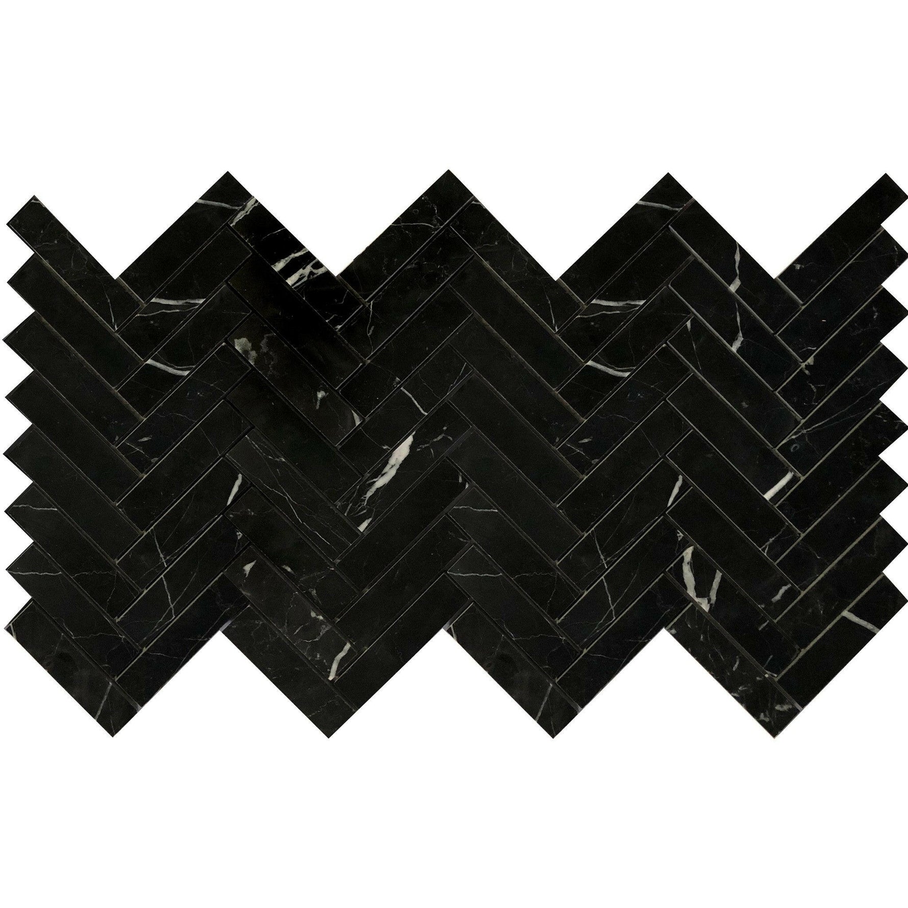 1x4 Black Marquina Marble Honed Herringbone Mosaic Tile 1x4 Black Marquina Marble Honed Herringbone Mosaic Tile - American Tile Depot