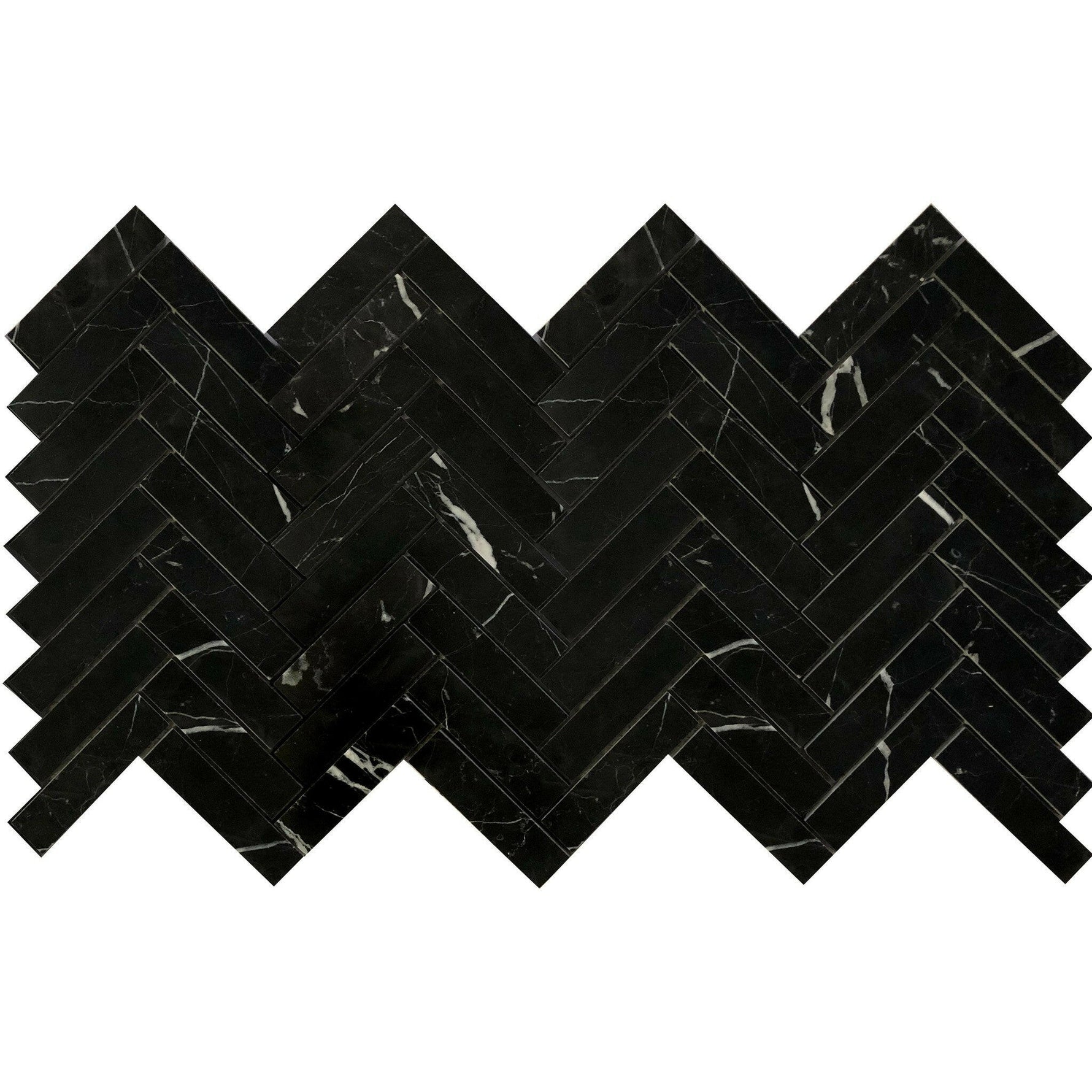 1x4 Black Marquina Marble Honed Herringbone Mosaic Tile 1x4 Black Marquina Marble Honed Herringbone Mosaic Tile - American Tile Depot
