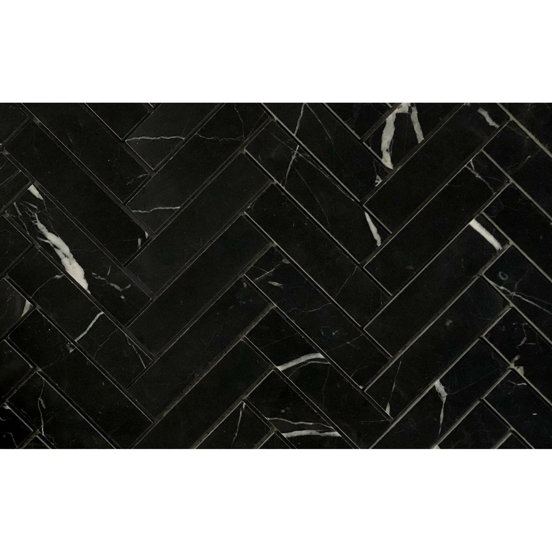 1x4 Black Marquina Marble Honed Herringbone Mosaic Tile 1x4 Black Marquina Marble Honed Herringbone Mosaic Tile - American Tile Depot