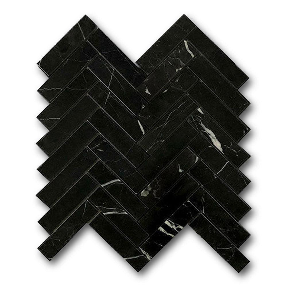 1x4 Black Marquina Marble Honed Herringbone Mosaic Tile 1x4 Black Marquina Marble Honed Herringbone Mosaic Tile - American Tile Depot