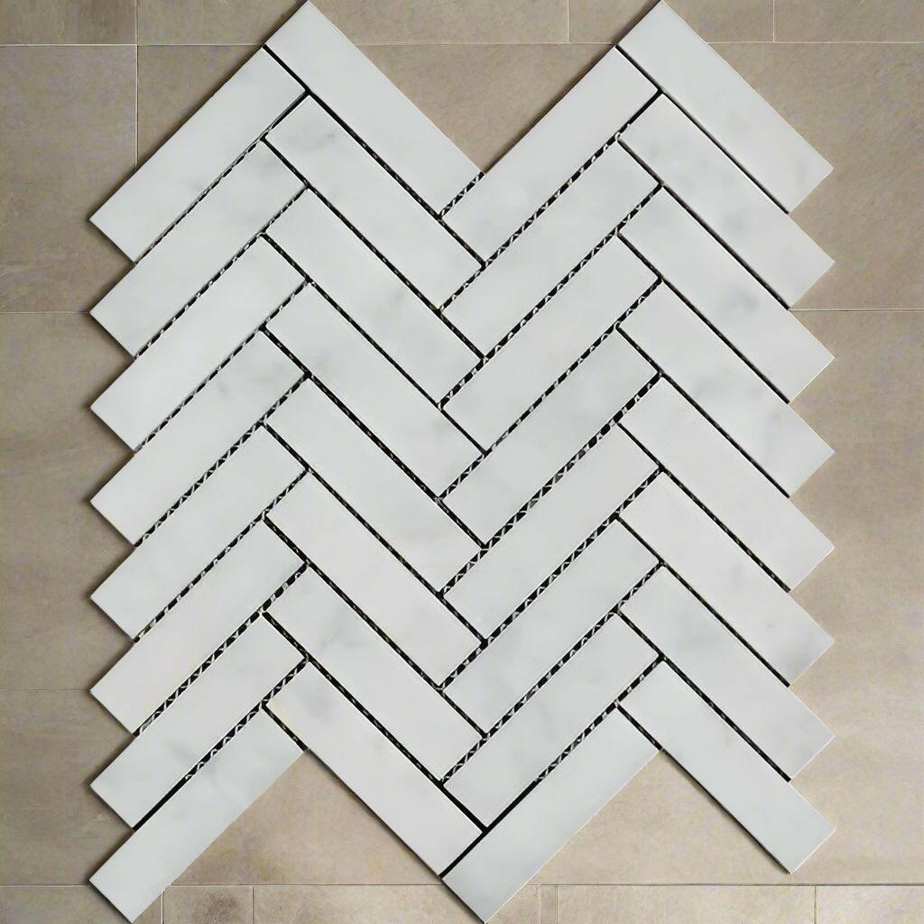 1x4 Carrara White Marble Honed Herringbone Mosaic Tile 1x4 Carrara White Marble Honed Herringbone Mosaic Tile - American Tile Depot