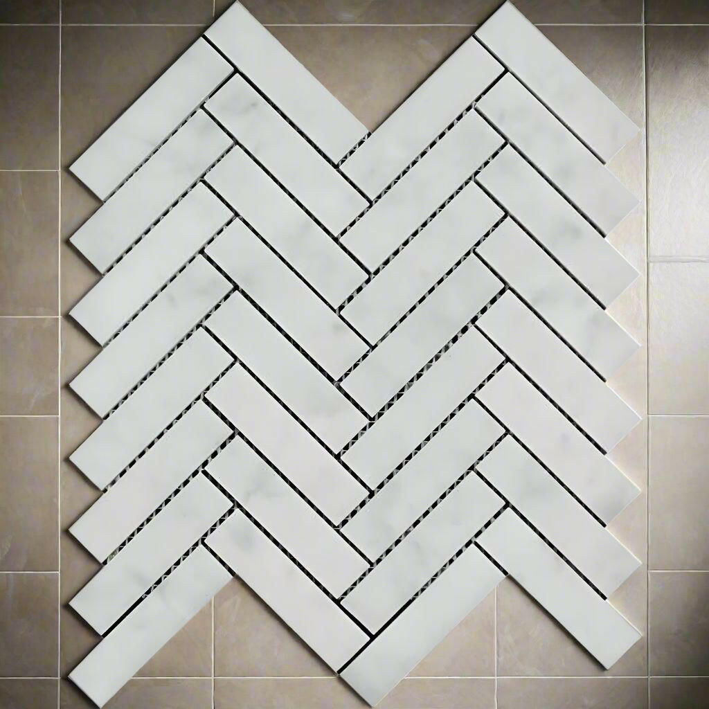 1x4 Carrara White Marble Polished Herringbone Mosaic Tile 1x4 Carrara White Marble Polished Herringbone Mosaic Tile - American Tile Depot