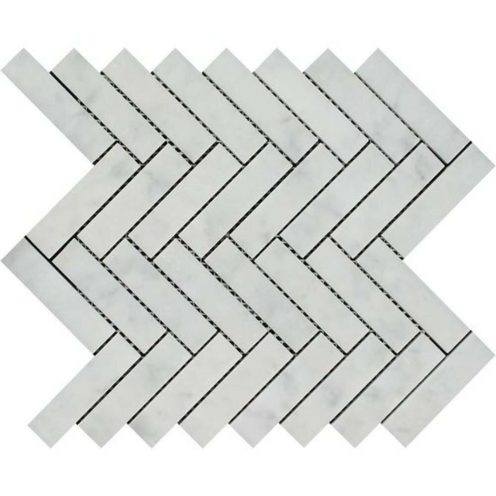 1x4 Carrara White Marble Polished Herringbone Mosaic Tile 1x4 Carrara White Marble Polished Herringbone Mosaic Tile - American Tile Depot