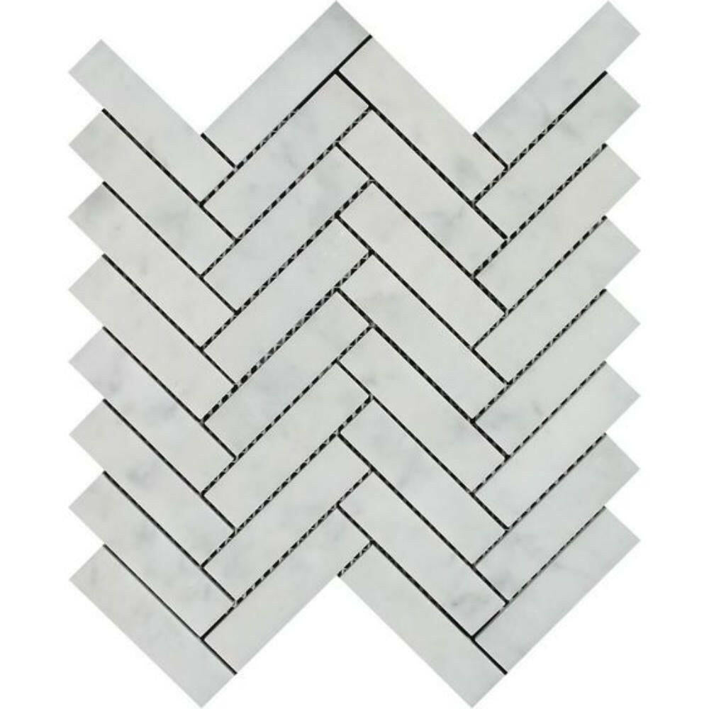 1x4 Carrara White Marble Polished Herringbone Mosaic Tile 1x4 Carrara White Marble Polished Herringbone Mosaic Tile - American Tile Depot