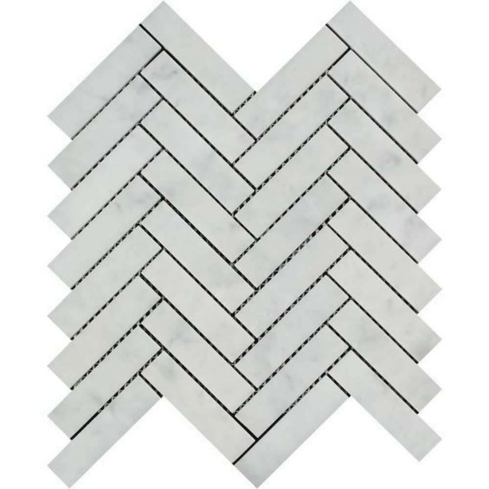 1x4 Carrara White Marble Polished Herringbone Mosaic Tile 1x4 Carrara White Marble Polished Herringbone Mosaic Tile - American Tile Depot