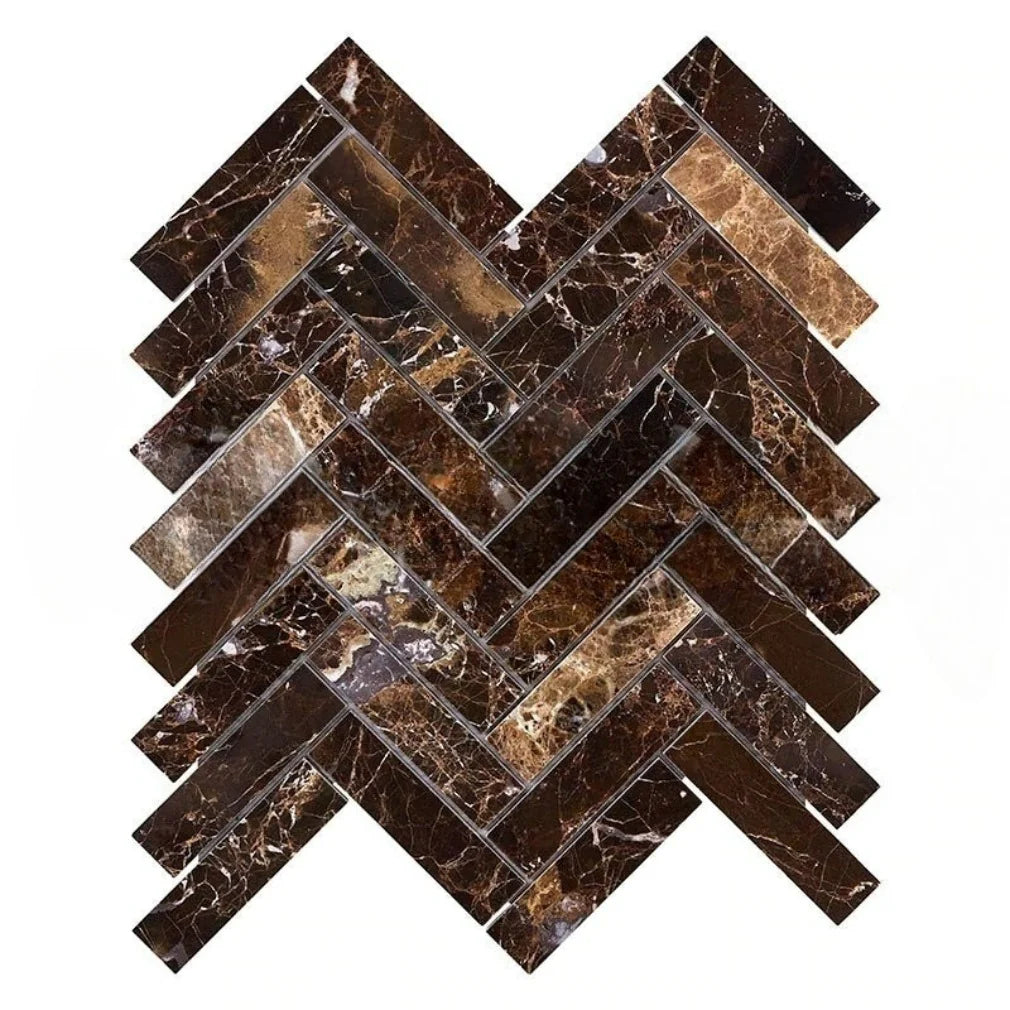 1x4 Emperador Dark Marble Polished Herringbone Mosaic Tile 1x4 Emperador Dark Marble Polished Herringbone Mosaic Tile - American Tile Depot