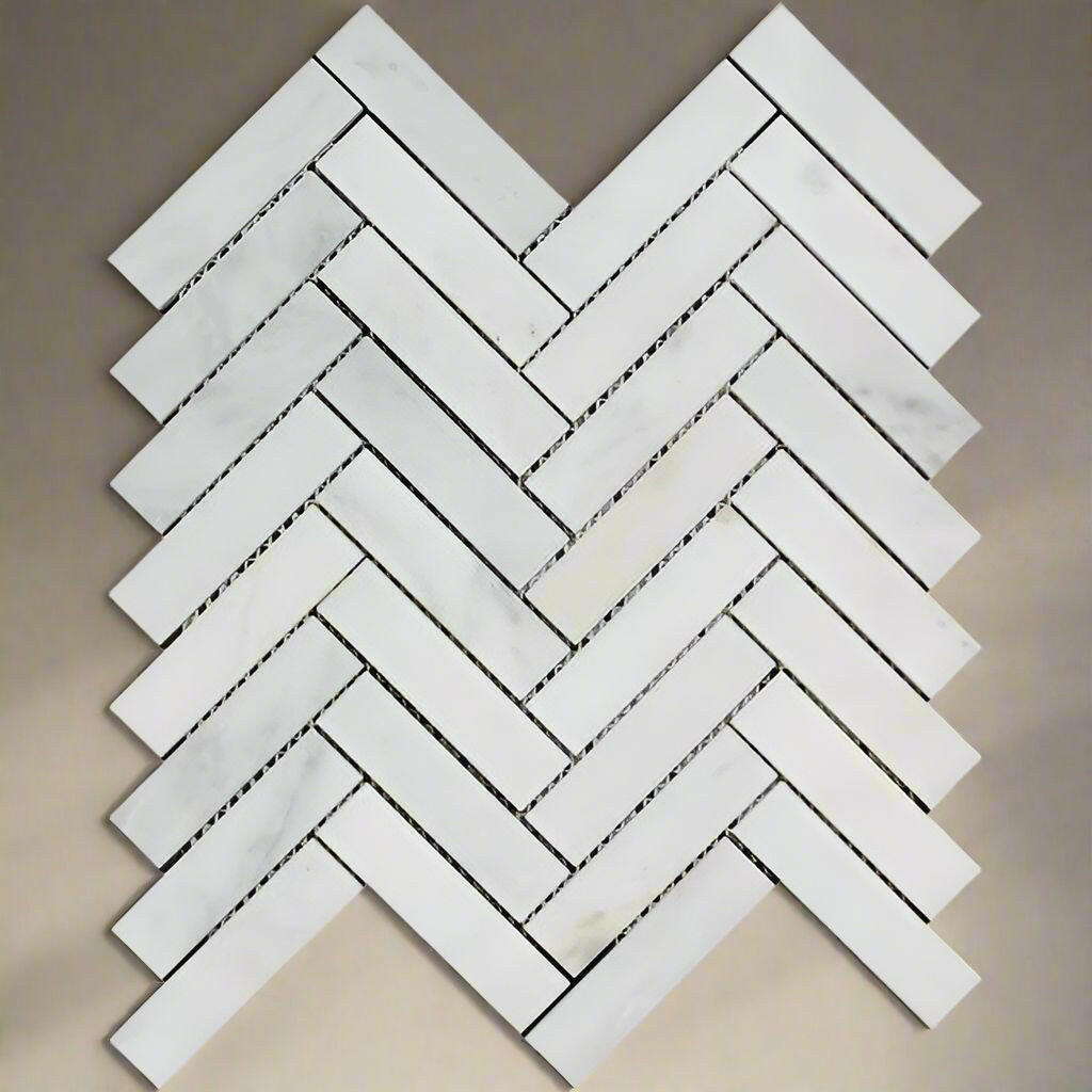 1x4 Oriental White / Asian Statuary Marble Honed Herringbone Mosaic Tile 1x4 Oriental White / Asian Statuary Marble Honed Herringbone Mosaic Tile - American Tile Depot