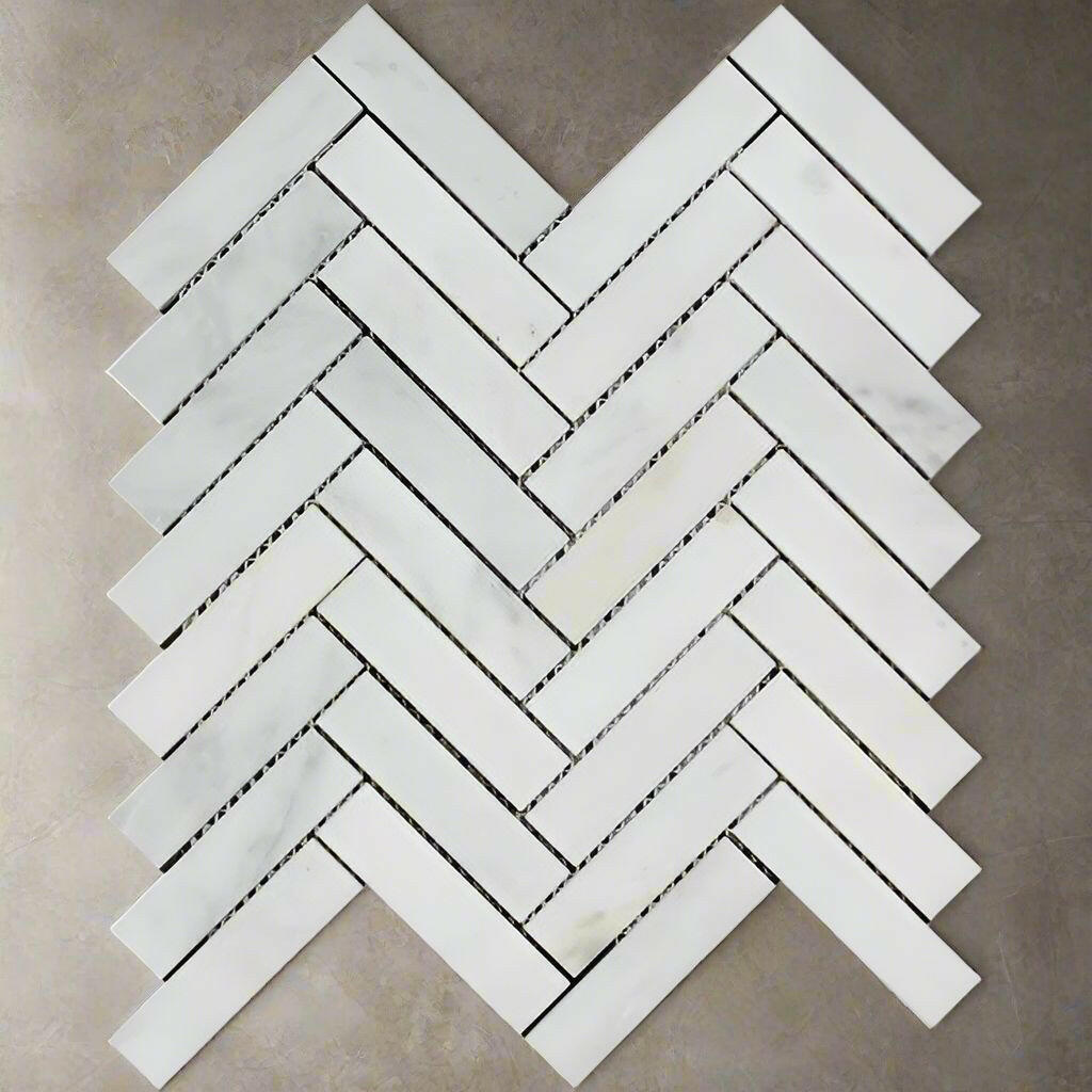 1x4 Oriental White / Asian Statuary Marble Polished Herringbone Mosaic Tile 1x4 Oriental White / Asian Statuary Marble Polished Herringbone Mosaic Tile - American Tile Depot