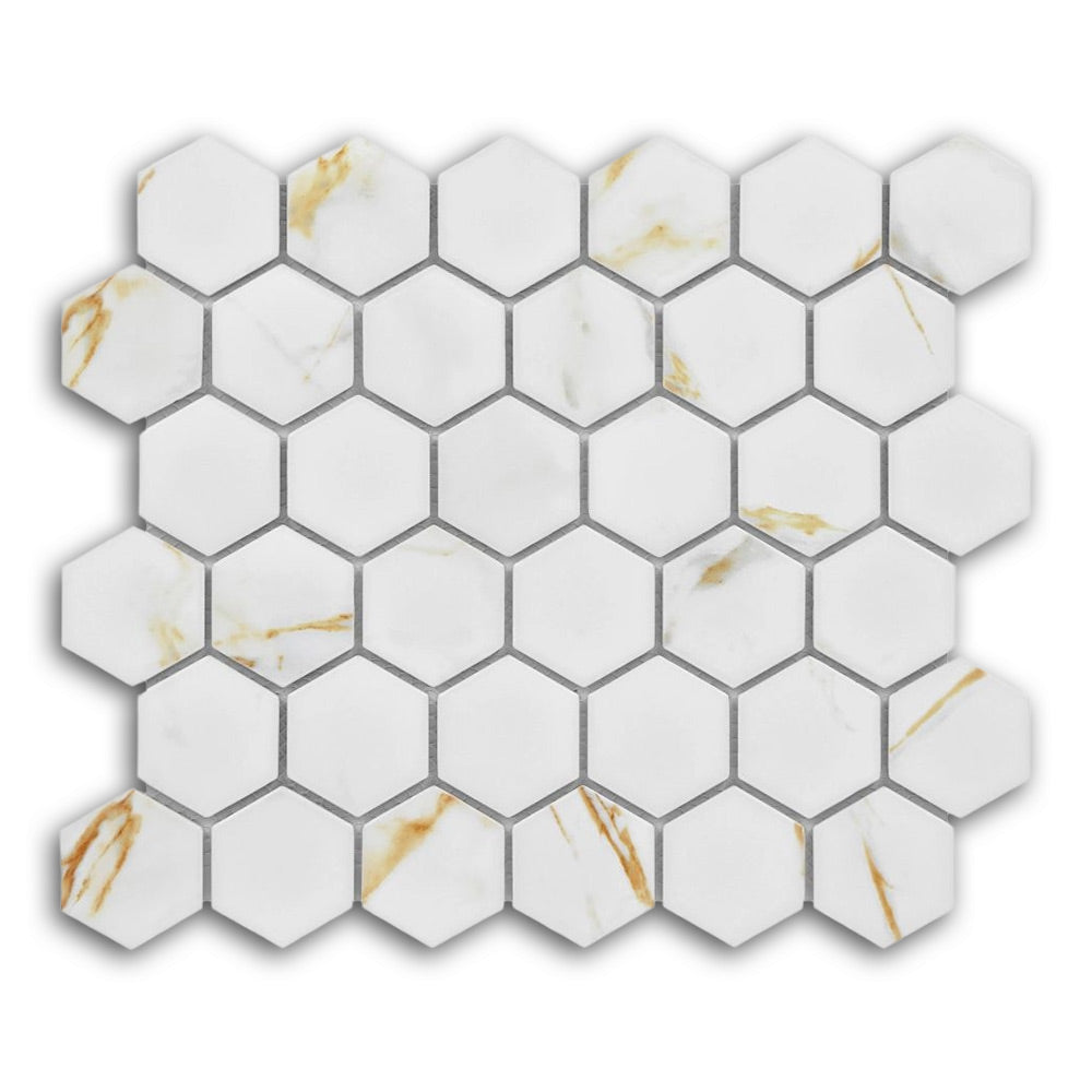 2" Band Calacatta Matte Hexagon Porcelain Mosaic Tile