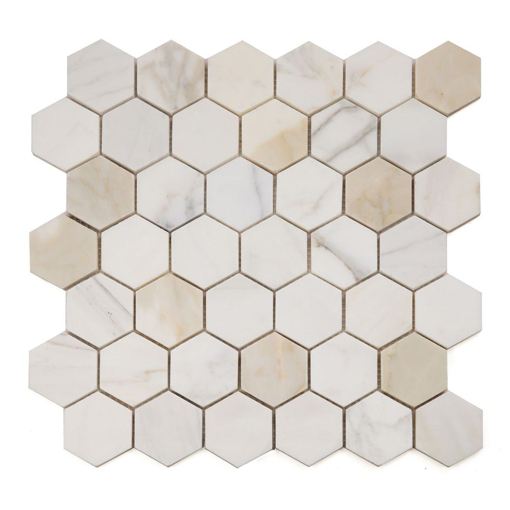 2" Beehive Calacatta Gold Honed Hexagon Marble Mosaic Tile