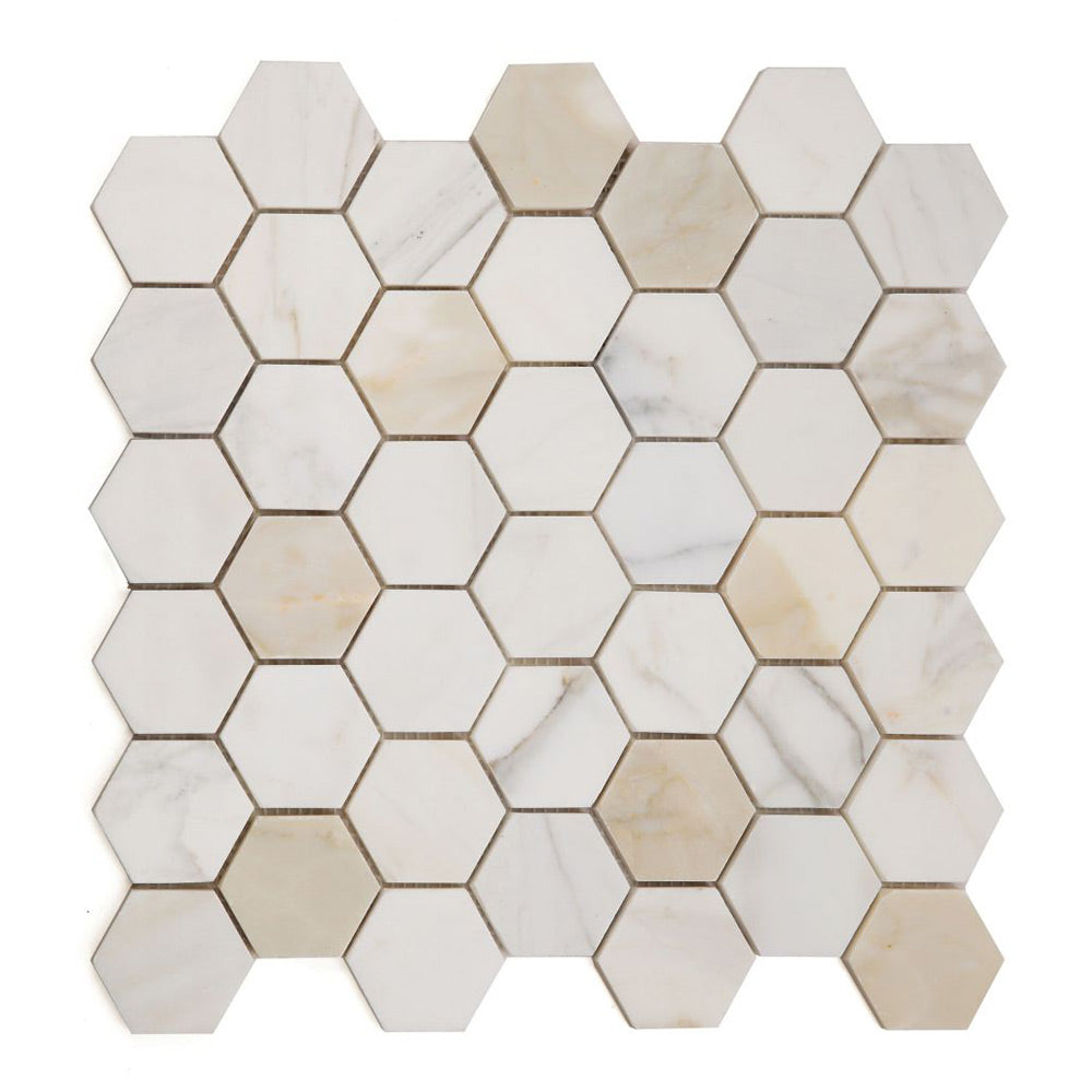 2" Beehive Calacatta Gold Honed Hexagon Marble Mosaic Tile