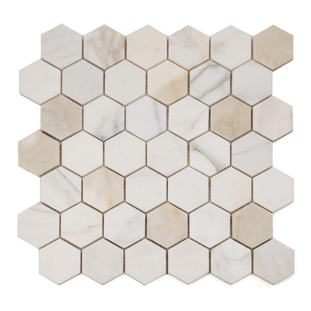 2" Beehive Calacatta Gold Honed Hexagon Marble Mosaic Tile 2" Beehive Calacatta Gold Honed Hexagon Marble Mosaic Tile - American Tile Depot
