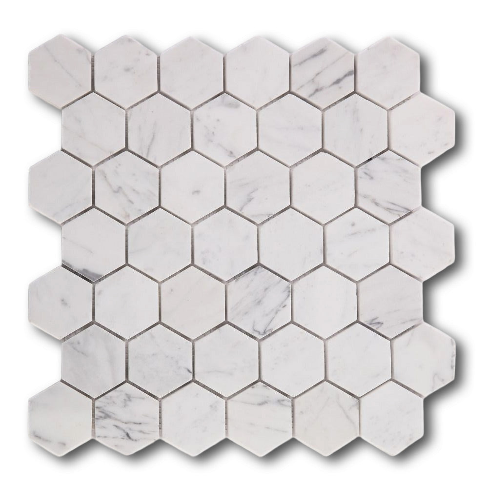 2" Beehive Calacatta White Honed Hexagon Marble Mosaic Tile