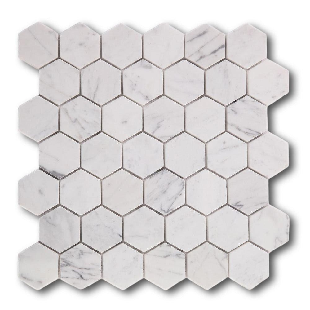 2" Beehive Calacatta White Honed Hexagon Marble Mosaic Tile 2" Beehive Calacatta White Honed Hexagon Marble Mosaic Tile - American Tile Depot