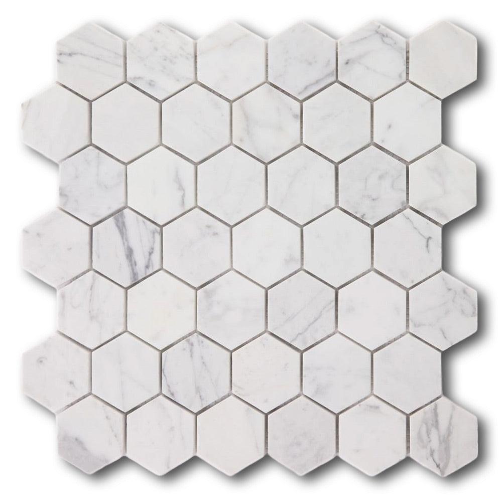 2" Beehive Calacatta White Polished Hexagon Marble Mosaic Tile 2" Beehive Calacatta White Polished Hexagon Marble Mosaic Tile - American Tile Depot