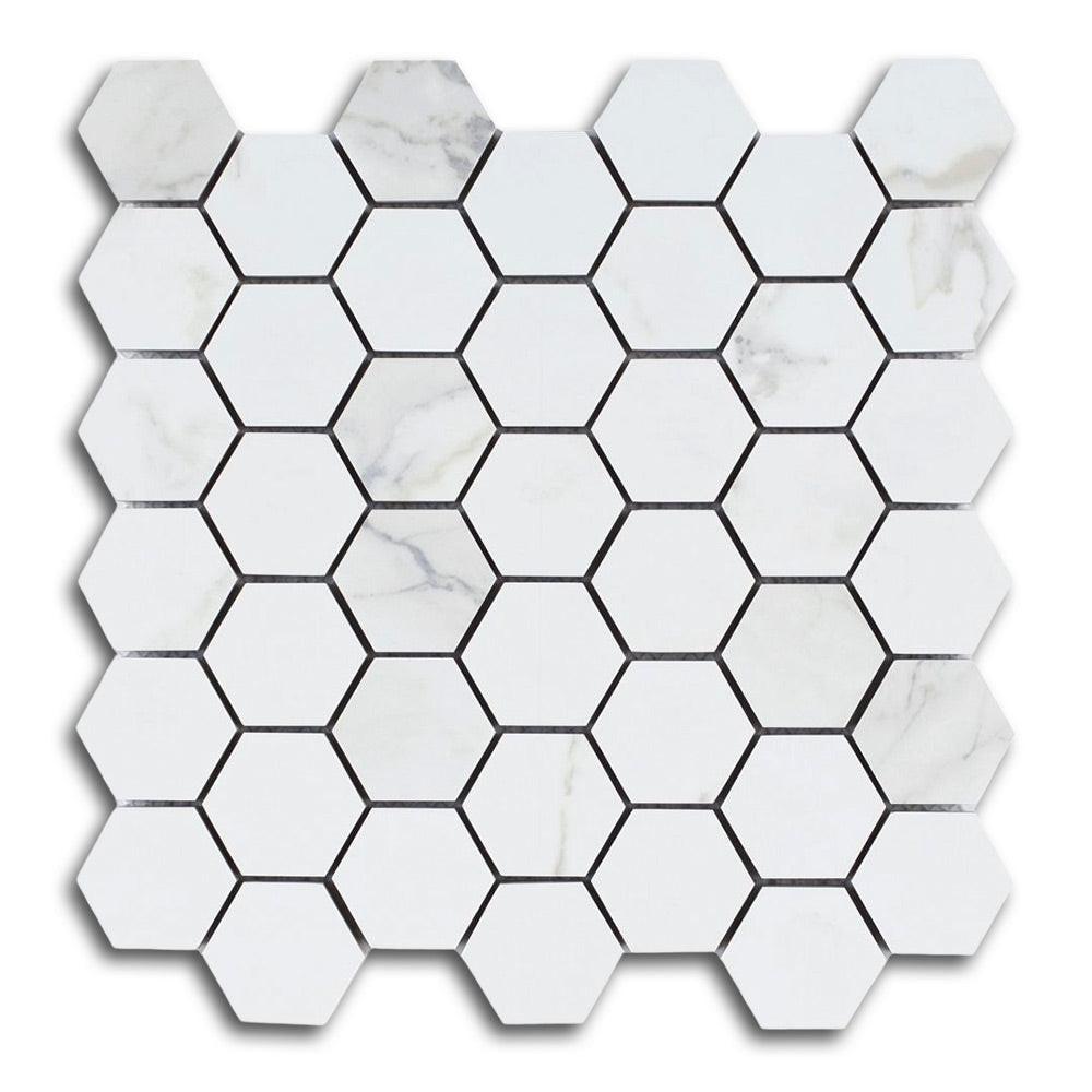 2" Borneo Calacatta Dorado Matte Hexagon Marble Laminated Porcelain Mosaic Tile 2" Borneo Calacatta Dorado Matte Hexagon Marble Laminated Porcelain Mosaic Tile - American Tile Depot